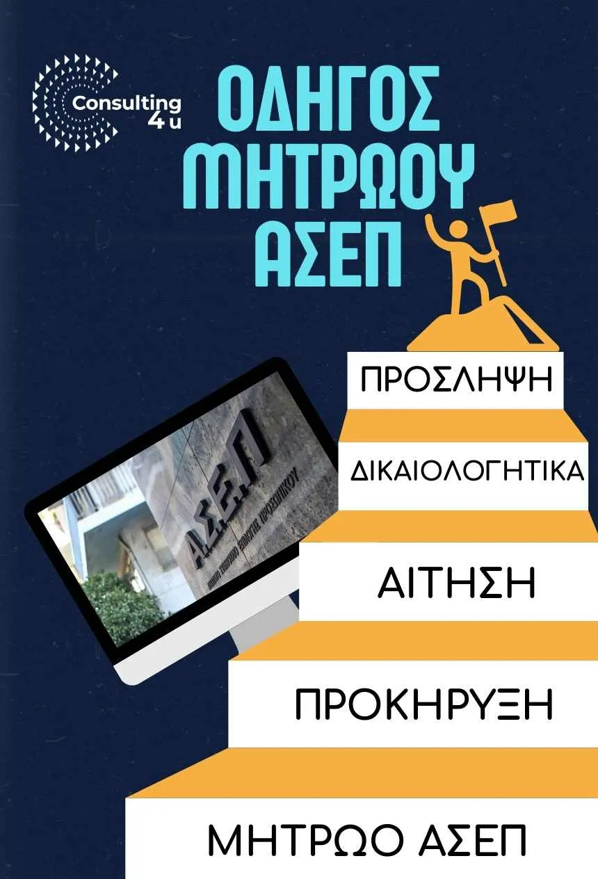 Μητρώο ΑΣΕΠ: Συμβολική απεικόνιση ανθρώπου που ανεβαίνει σκαλιά με βήματα Προσλήψεις, Δικαιολογητικά, Αίτηση, Προκήρυξη και Μητρώο ΑΣΕΠ, φτάνοντας στην κορυφή της επιτυχίας – Οδηγός Consulting4You.gr